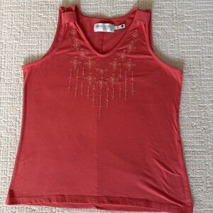 Aventura Coral Tank Top With Embroidered Flowers Size M Organic Cotton